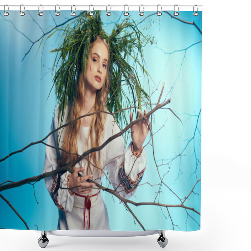 Personality  A Young Mavka, Adorned In Traditional Attire, Elegantly Holding A Branch With A Wreath Atop Her Head In A Mystical Studio Setting. Shower Curtains