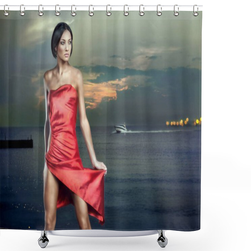 Personality  Portrait Of Beautiful Elegant Young Brunette, Posing In Evening Red Dress On Sea Quay Shower Curtains