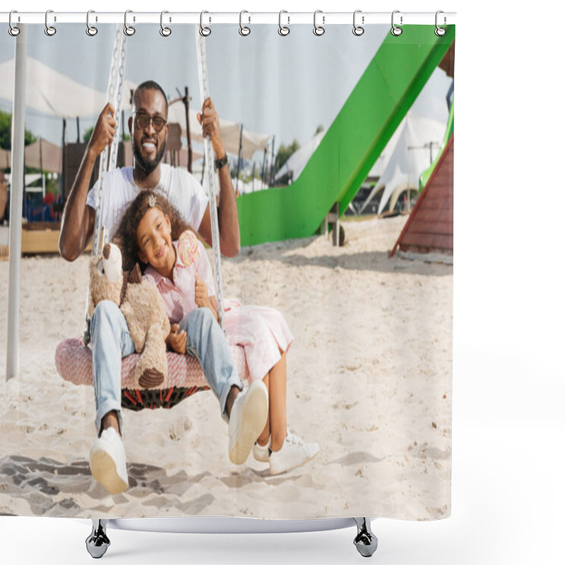 Personality  Happy African American Father And Daughter On Spider Web Nest Swing At Amusement Park Shower Curtains