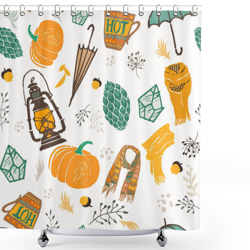 Personality  Autumn Seamless Pattern. Vector Illustration With Handdrawn Doodles, Orange Pumpkin, Umbrella, Lantern, Cone, Cup Of Hot Tea Or Coffee, Scarf, Branches,flowers, Acorns And Dots, Isolated On White Shower Curtains