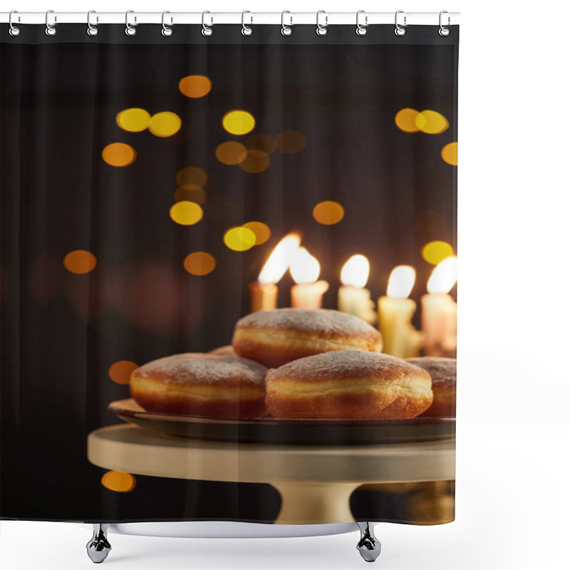 Personality  Selective Focus Of Delicious Doughnuts On Stand Near Glowing Candles On Black Background With Bokeh Lights On Hanukkah Shower Curtains