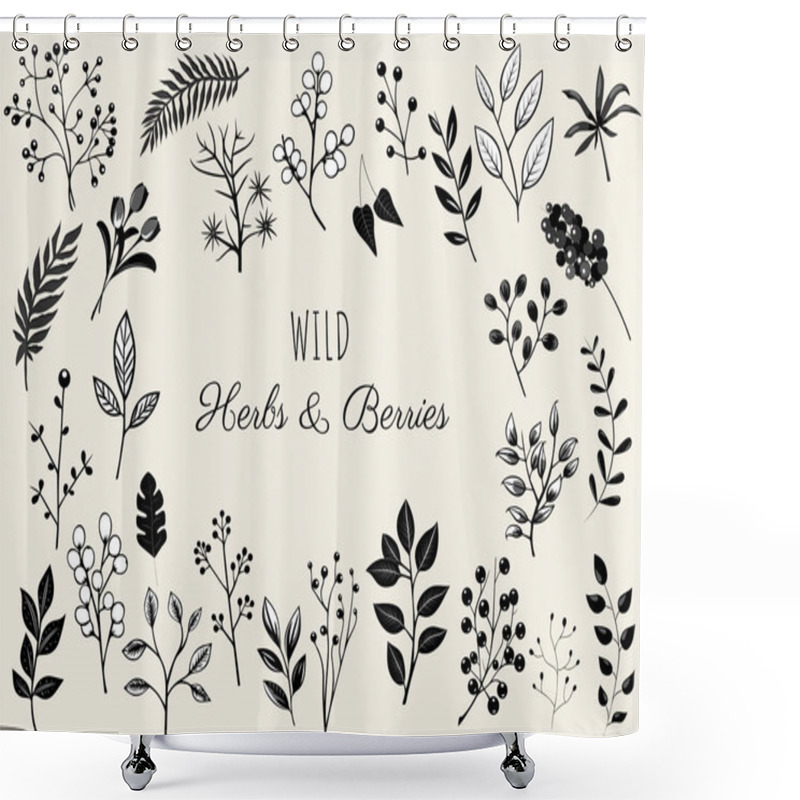 Personality  Wild Herbs And Berries, Floral Elements Set. Monochrome Botanical Illustration. Hand Drawn Isolated Plants. Shower Curtains