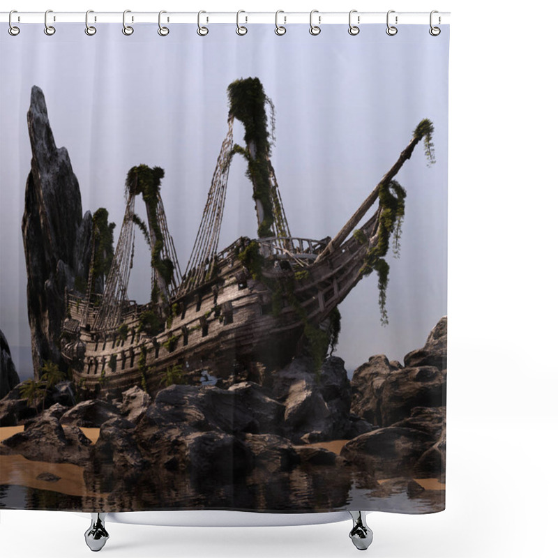 Personality  CGI Wrecked Pirate Ship, Beached Sailing Ship, Ancient Ocean Wreck Shower Curtains