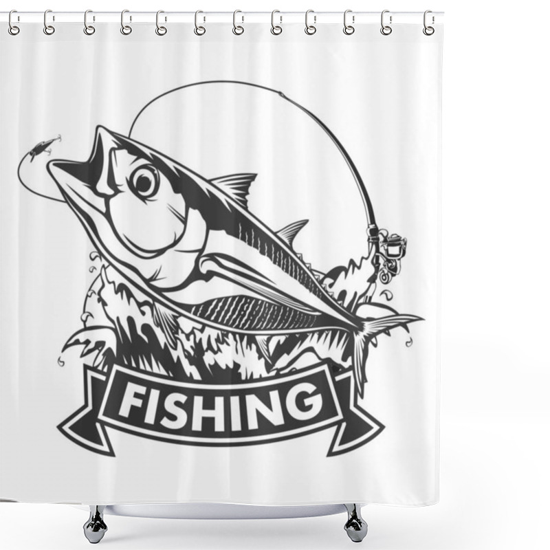 Personality  Tuna Big Fishing On White Logo Illustration. Vector Illustration Can Be Used For Creating Logo And Emblem For Fishing Clubs, Prints, Web And Other Crafts. Shower Curtains