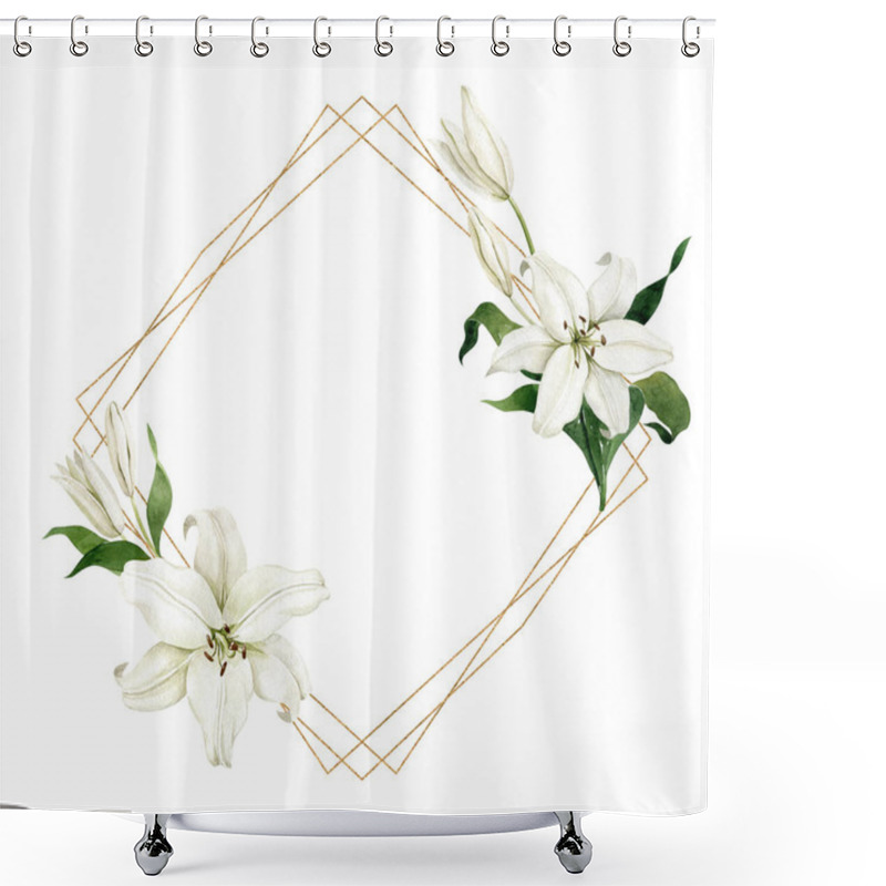 Personality  Watercolor White Lilies With Square Golden Geometric Frame Isolated On White Background. Hand Drawn Clipart For Wedding Invitations, Greeting Cards, Birthday Invitations. Shower Curtains