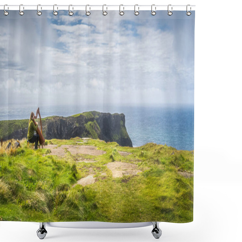 Personality  Woman Playing Harp On The Top Of Iconic Cliffs Of Moher, Ireland Shower Curtains