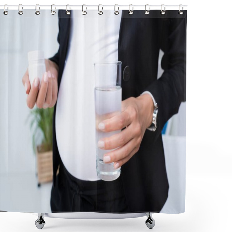 Personality  Pregnant Businesswoman With Jar Of Pills Shower Curtains