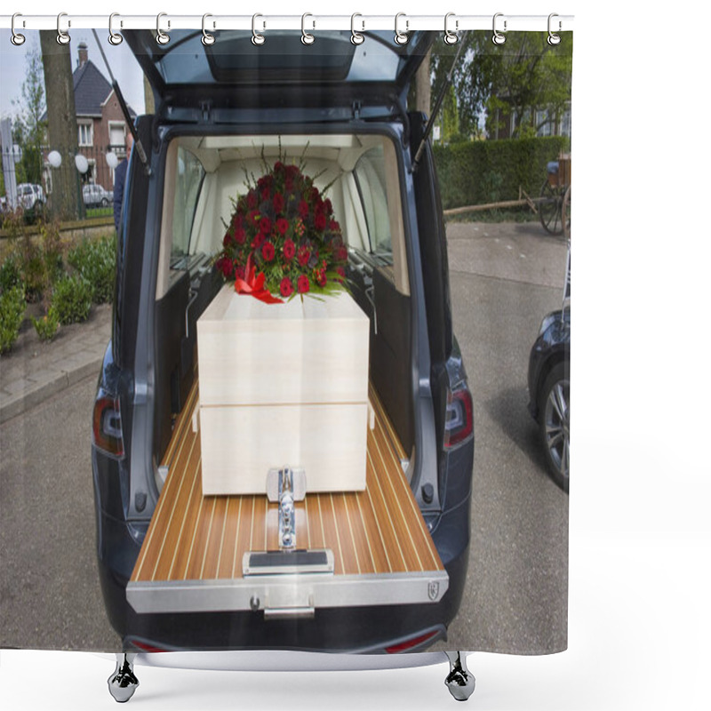 Personality  A Coffin With A Flower Arrangement In A Funeral Car Shower Curtains