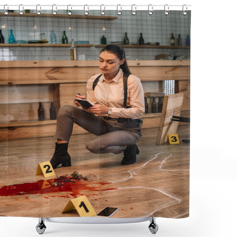 Personality  Female Detective Collecting Data And Investigating Crime Scene Shower Curtains