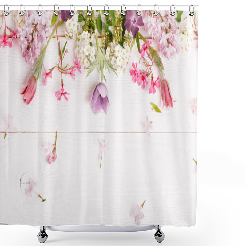 Personality  Festive Flower Composition On The White Wooden Background. Overhead View Shower Curtains