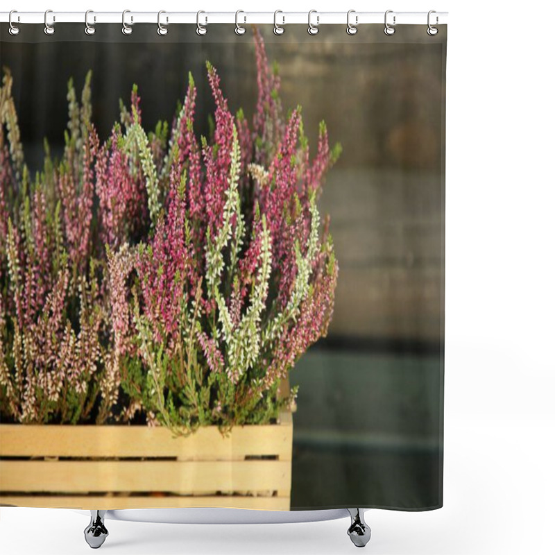 Personality  Beautiful Heather Flowers In Crate Near Wooden Wall, Closeup Shower Curtains