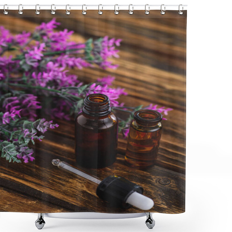 Personality  Heather Plant, Bottles With Essential Oils And Dropper On Wooden Surface Shower Curtains