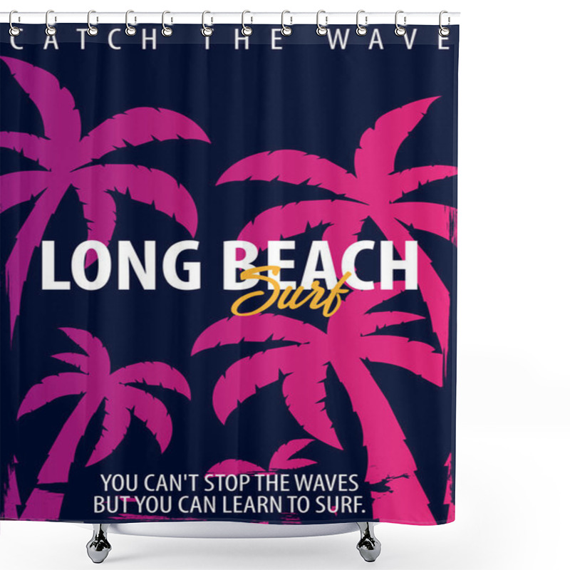 Personality  Long Beach Surfing Graphic With Palms. T-shirt Design And Print. Shower Curtains