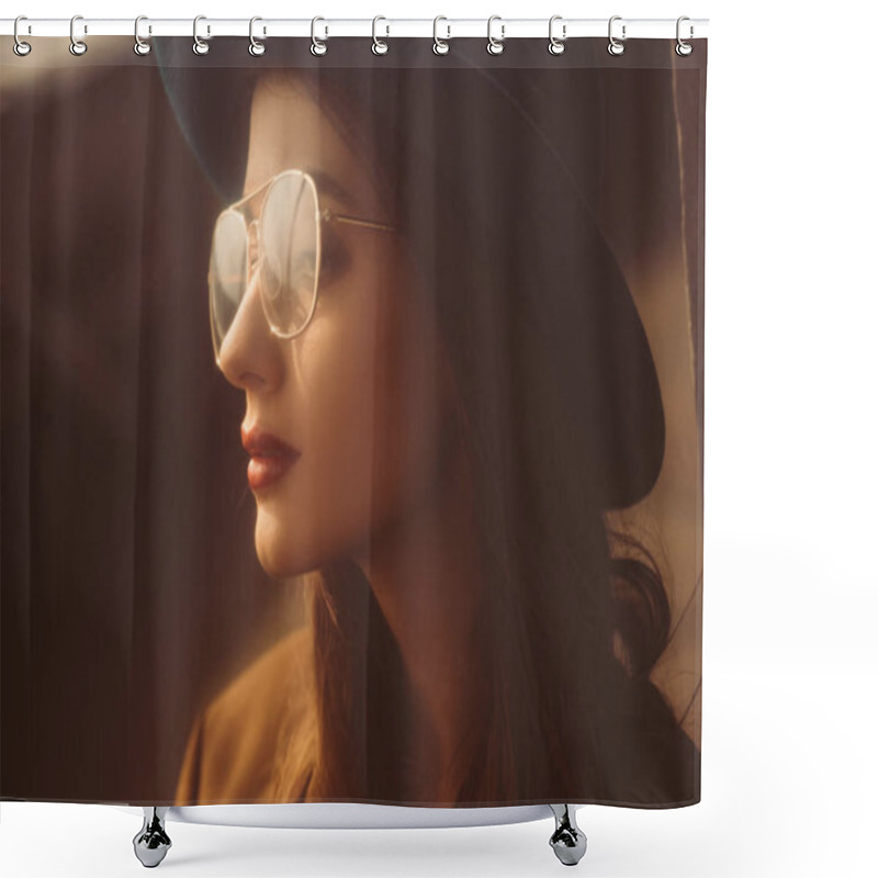 Personality  Beautiful Retro Girl Posing In Eyeglasses And Hat On Urban Roof Shower Curtains