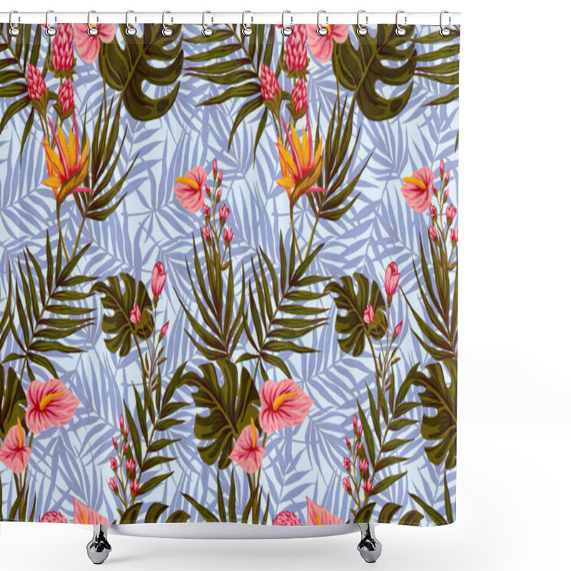 Personality  Seamless Pattern Of Gouache-painted Leaves Of Hawaiian Herbs And Trees. Trending Botanical Background With Tropical Plants Shower Curtains