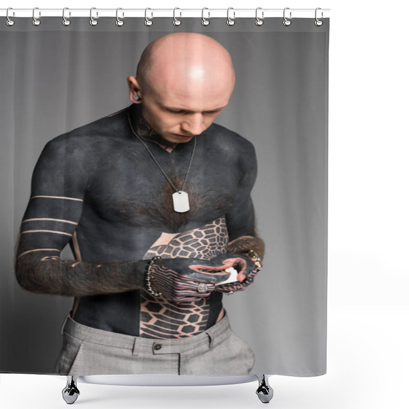 Personality  Bare-chested Man With Tattoos Holding Cigarette Box Isolated On Grey Shower Curtains