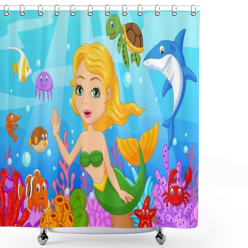 Personality  Cute Mermaid Cartoon With Fish Collection Set Shower Curtains