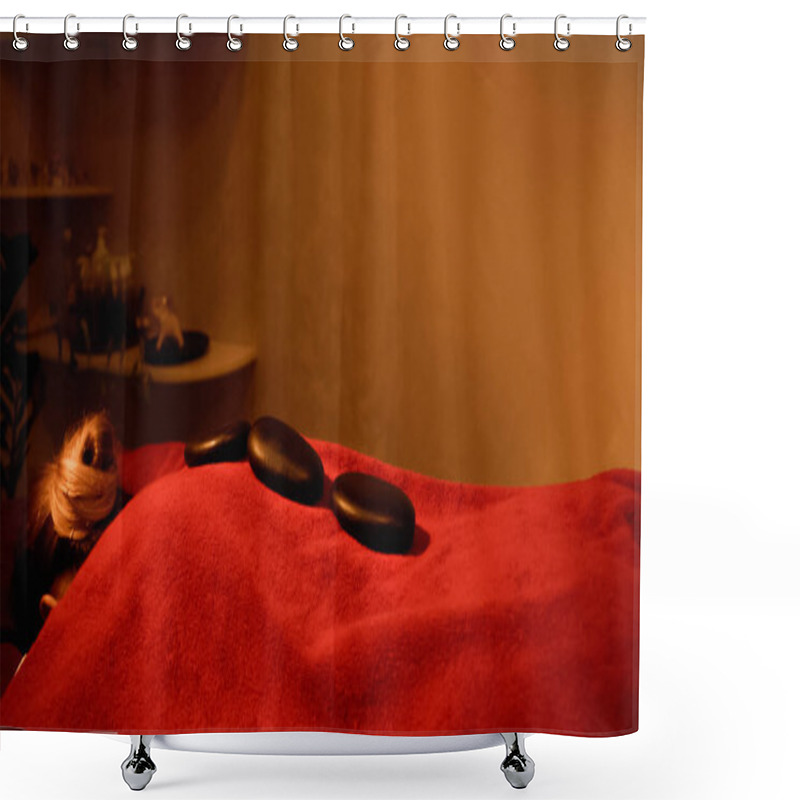 Personality  Hot Stones On Back Of Woman Lying On Massage Table  Shower Curtains