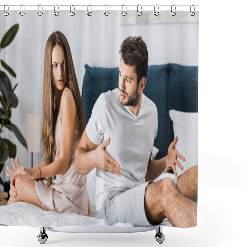 Personality  Unhappy Frustrated Couple In Pajamas Sitting On Bed Back To Back And Gesturing Angrily, Sexual Problems Concept Shower Curtains