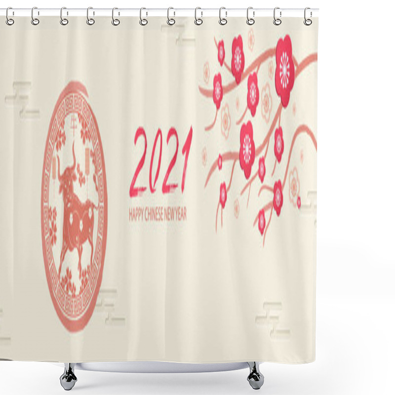 Personality  Happy New Year 2021. A Horizontal Banner With Chinese Elements Of The New Year. .Chinese Lanterns With Patterns In Modern Style, Geometric Decorative Ornaments.Translation From Chinese - Happy New Year, Bull Symbol Shower Curtains