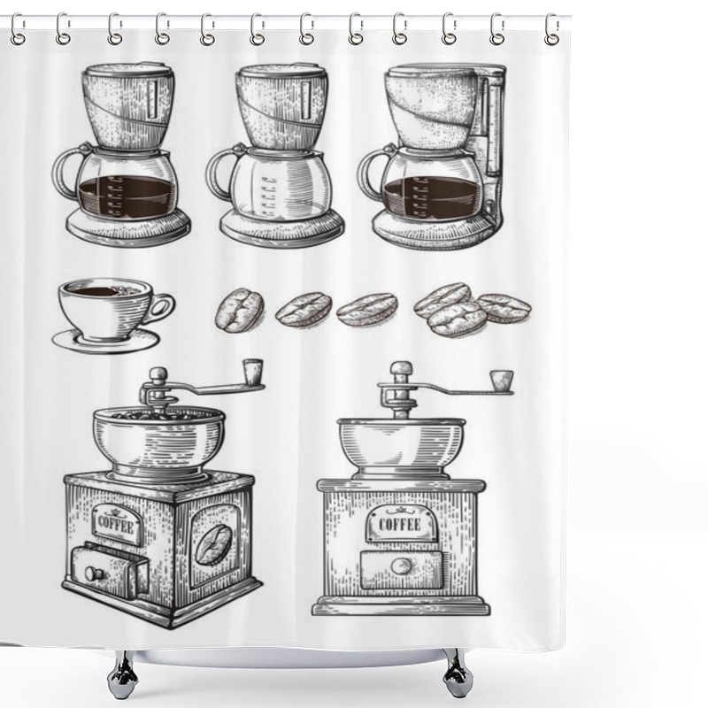 Personality  Coffee Hand Drawn Collection Vector Sketch Set With Cups Beans Maker Latte Grinder Machine Shower Curtains