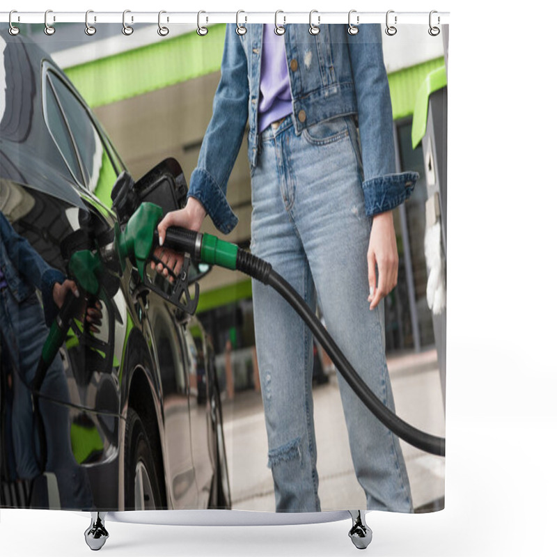 Personality  Partial View Of Woman In Jeans Refueling Automobile On Gas Station Shower Curtains