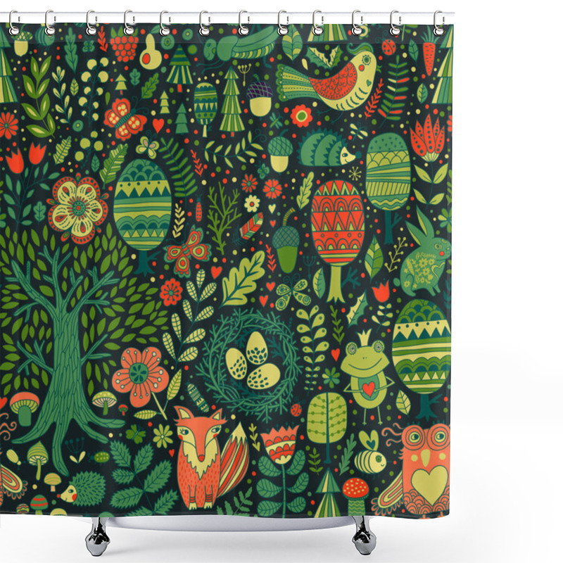 Personality  Floral Seamless Pattern With Forest Animals Shower Curtains