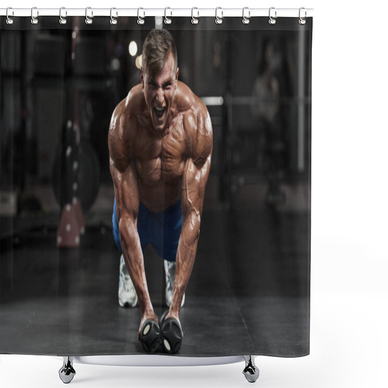 Personality  Muscular Man Working Out In Gym Doing Exercises, Strong Male Naked Torso Abs Shower Curtains