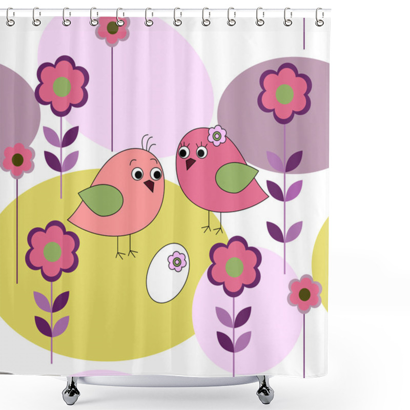 Personality  Seamless Card With Birds And Flowers Shower Curtains