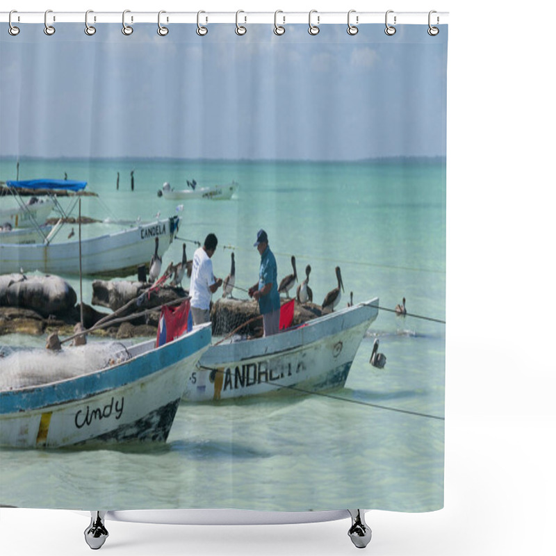 Personality  Fishing Boats And Fishermen Near The Beach Clean Fish With Pelicans Waiting. Holbox Island, Mexico Shower Curtains