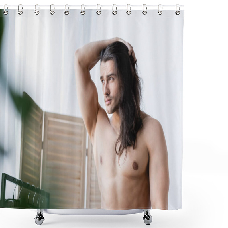 Personality  Shirtless Man Adjusting Long Hair And Looking Away Shower Curtains