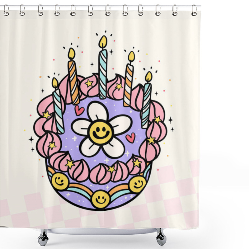 Personality  Groovy Retro Cake With Birthday Candles Doodle Pastel Bold Line Festive Design Idea For Greeting Card Shower Curtains