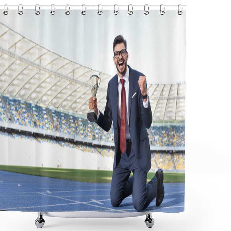 Personality  Happy Young Businessman In Suit Standing On Knees On Running Track With Trophy At Stadium Shower Curtains