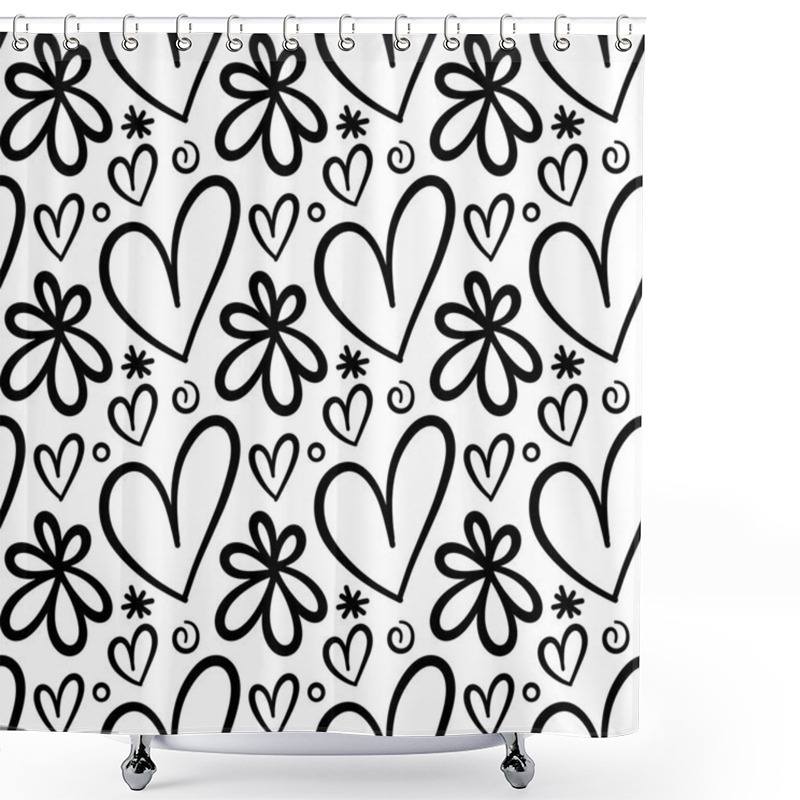 Personality  A Hand Drawn Doodle Style Daisy Flower Background Pattern With Love Hearts. Shower Curtains