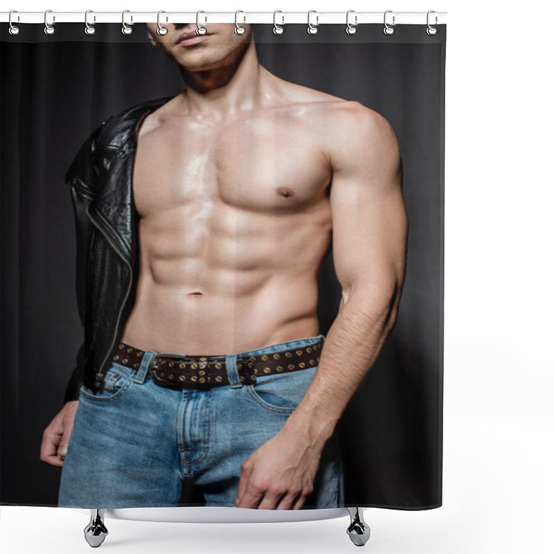 Personality  Cropped View Of Sexy Young Man With Muscular Torso In Biker Jacket And Jeans On Black Background Shower Curtains