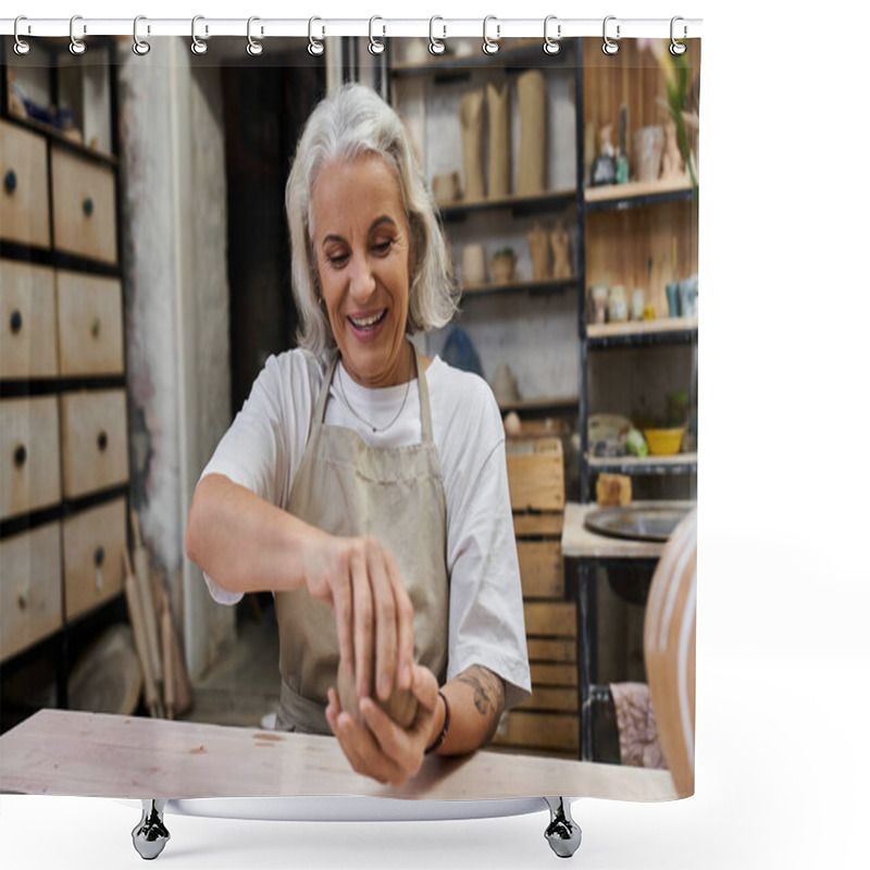 Personality  A Beautiful Mature Woman Joyfully Shapes Clay While Immersed In Her Creative Pottery Studio. Shower Curtains