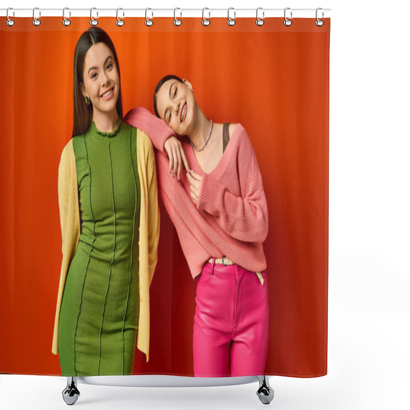 Personality  Two Pretty, Brunette Teenage Girls In Casual Attire Stand Next To Each Other Against An Orange Studio Background. Shower Curtains