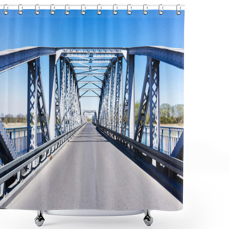 Personality  Metal Bridge Background. Road Bridge Construction. Empty Asphalt Road. Stormy Weather Long Bridge Over Narew River. Tykocin Village In Poland. Shower Curtains