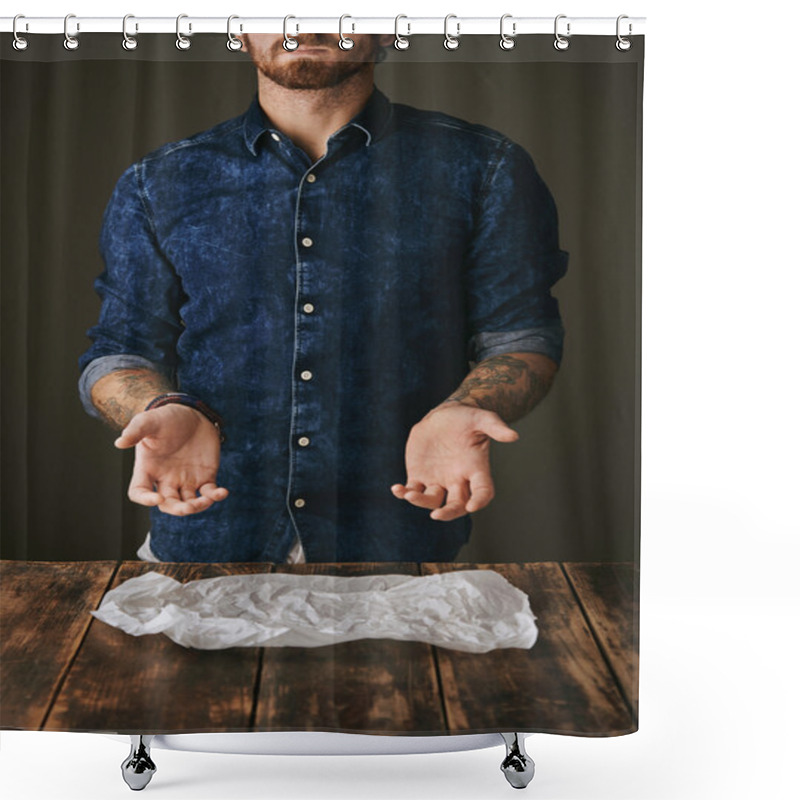 Personality  Man Shows His Empty Tattooed Hands Before Cooking Shower Curtains