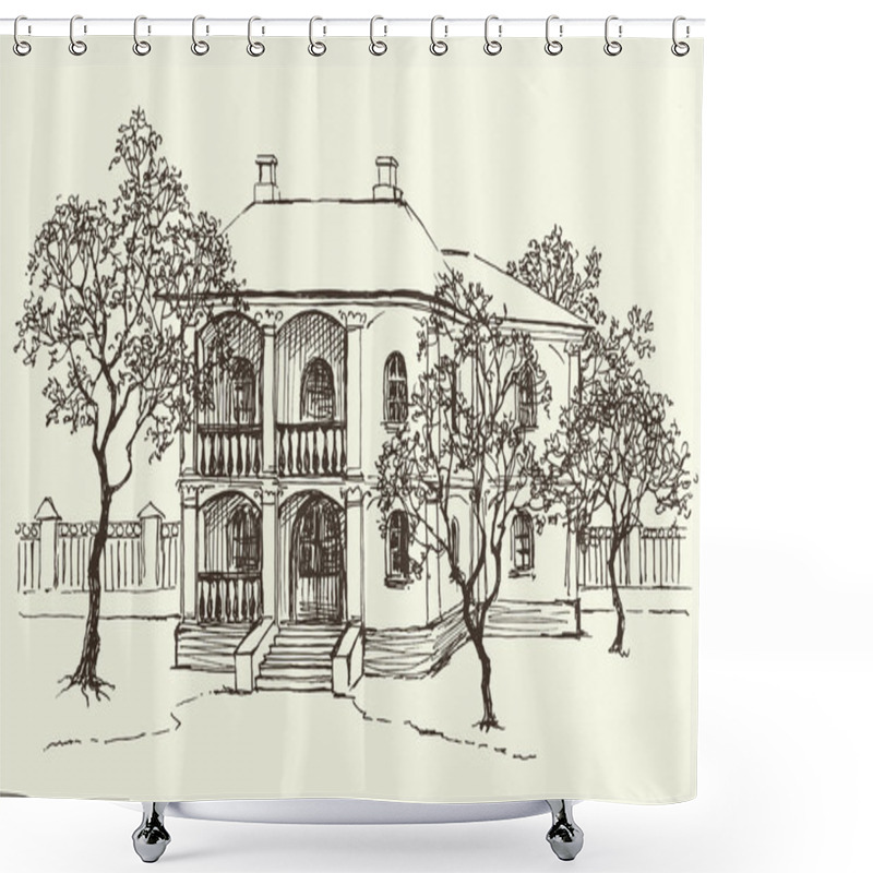 Personality  Sketch Drawing Of The Old House Among The Orchard Shower Curtains