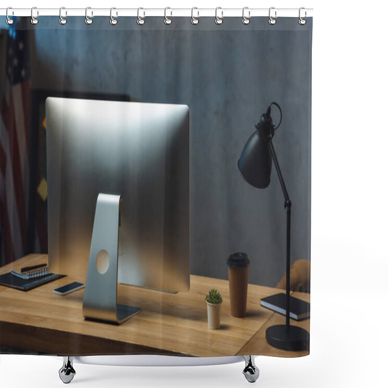 Personality  Selective Focus Of Working Table With Disposable Coffee Cup, Computer Monitor And Desk Lamp In Modern Office  Shower Curtains