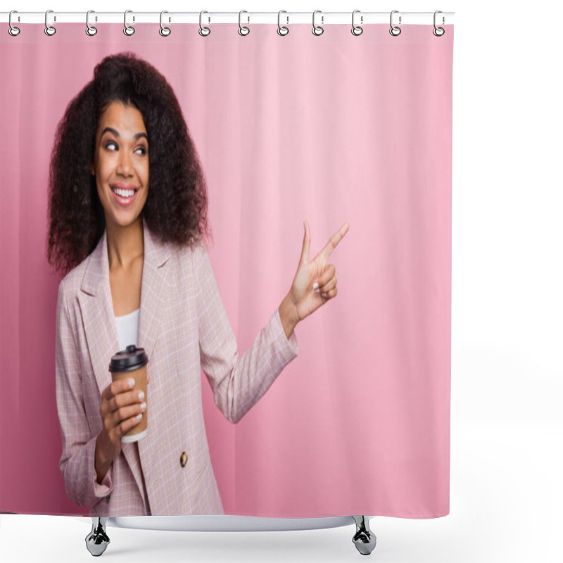 Personality  Positive Afro American Girl Marketer Representative Hold Take-out Mug Beverage Point Index Finger Present Adverts Promo Wear Checkered Plaid Jacket Blazer Isolated Pastel Pink Color Background Shower Curtains