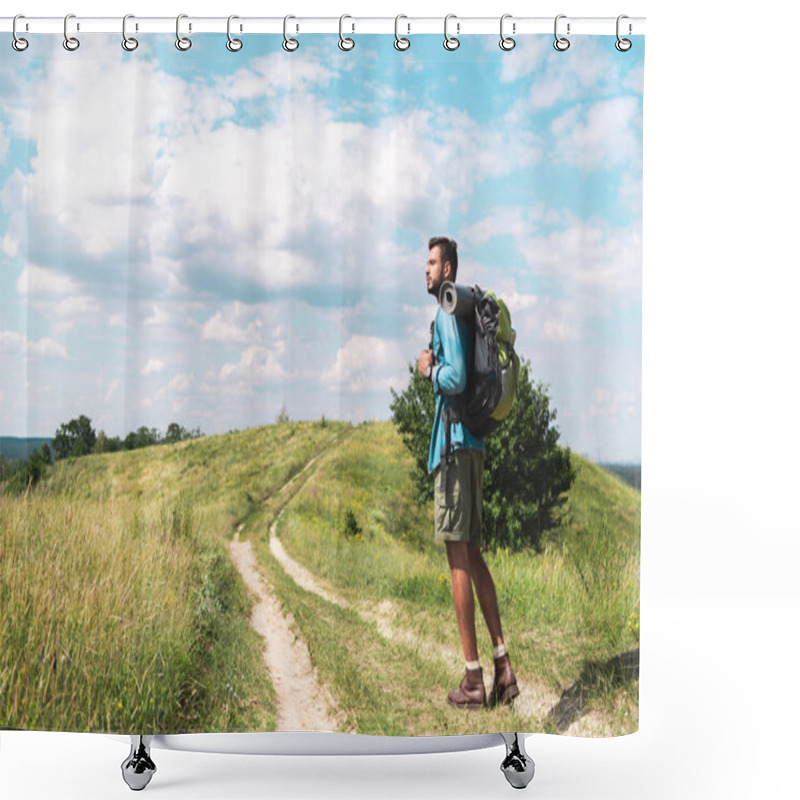 Personality  Handsome Traveler With Backpack Walking On Green Meadow With Beautiful Sky Shower Curtains