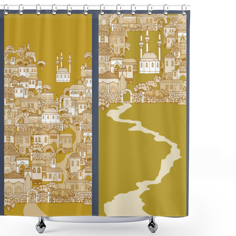 Personality  Street Of The Old City.Hand Drawn Sketchy Houses And Trees.Orien Shower Curtains