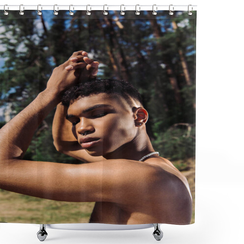 Personality  Shirtless African American Man In Piercing Posing With Closed Eyes And Hands Above Head Shower Curtains