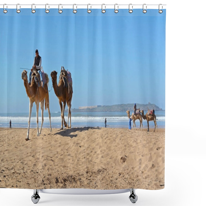 Personality  Essaouira, Morocco -  January 5, 2016: Camel Caravan At The Beach Of Essaouira Shower Curtains