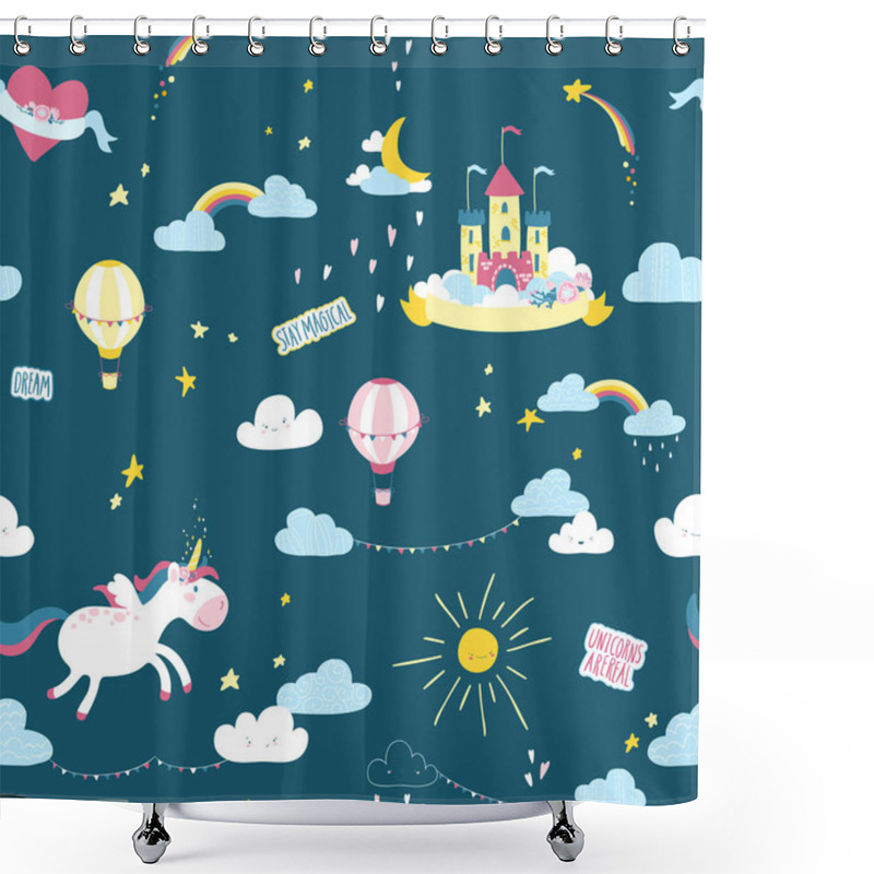 Personality  Unicorns In The Clouds Seamless Pattern. Vector Magic Background In Cartoon Scandinavian Style. Illustration In Gray-pink Colors On A Light Background. Shower Curtains