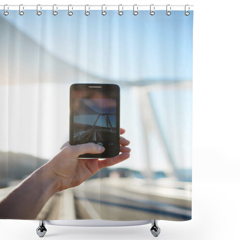 Personality  Taking A Photo Of Beautiful Sunset With Smartphone Shower Curtains