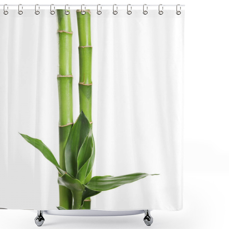 Personality  Green Bamboo Stems With Leaves On White Background Shower Curtains