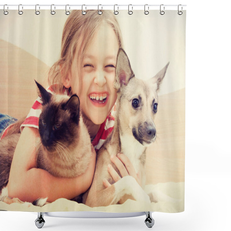 Personality  Child Hugging A Cat And Dog  Shower Curtains